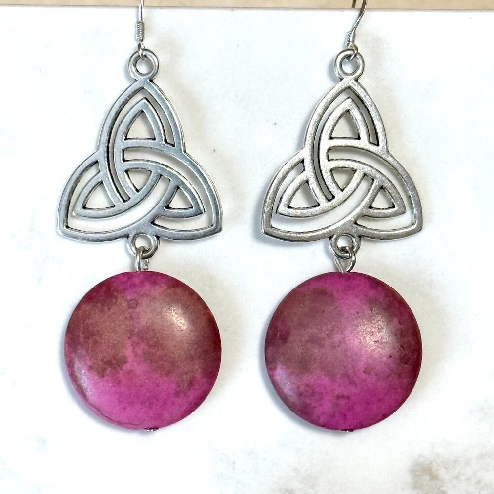 2/$20, Viva Magenta Agate Triqueta Sterling Silver Dangle Earrings